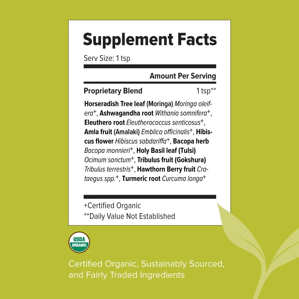 Elevated Adaptogens Organic Superfood Powder - Moringa, Ashwagandha, and Tulsi Blend for Herbal Stress Relief - Caffeine-Free, Vegan, Non-GMO - 2.5 oz